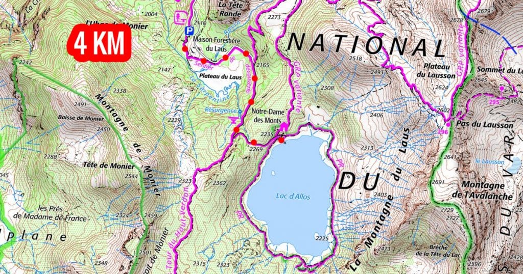 Carte de rando au lac d'Allos 4 km 