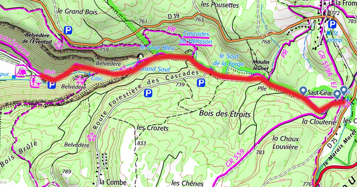 carte et GPX du sentier des cascades du hérisson