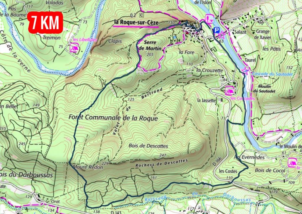 carte de rando cascades du Sautadet depuis La roque sur Cèze