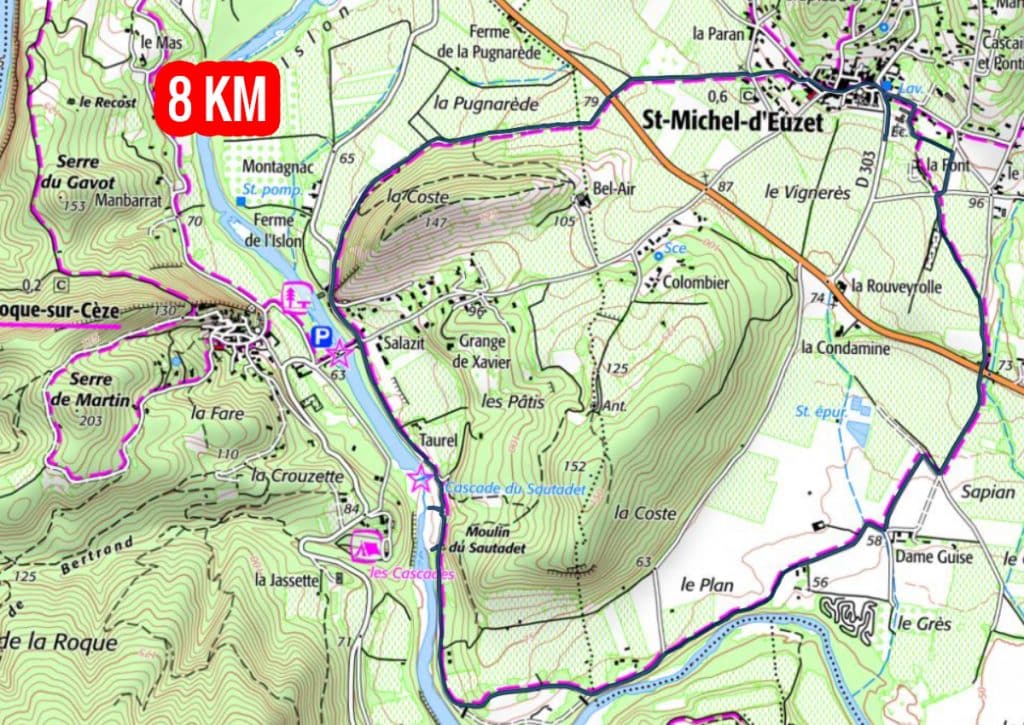 carte de rando cascades du Sautadet depuis Saint Michel d'Euzet