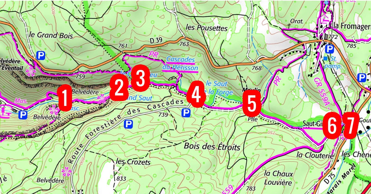carte IGN avec le nom des cascades du hérisson