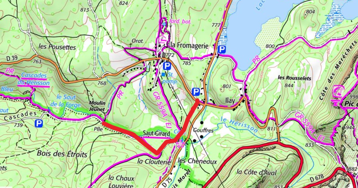 carte et GPX de la balade confort des cascades du hérisson