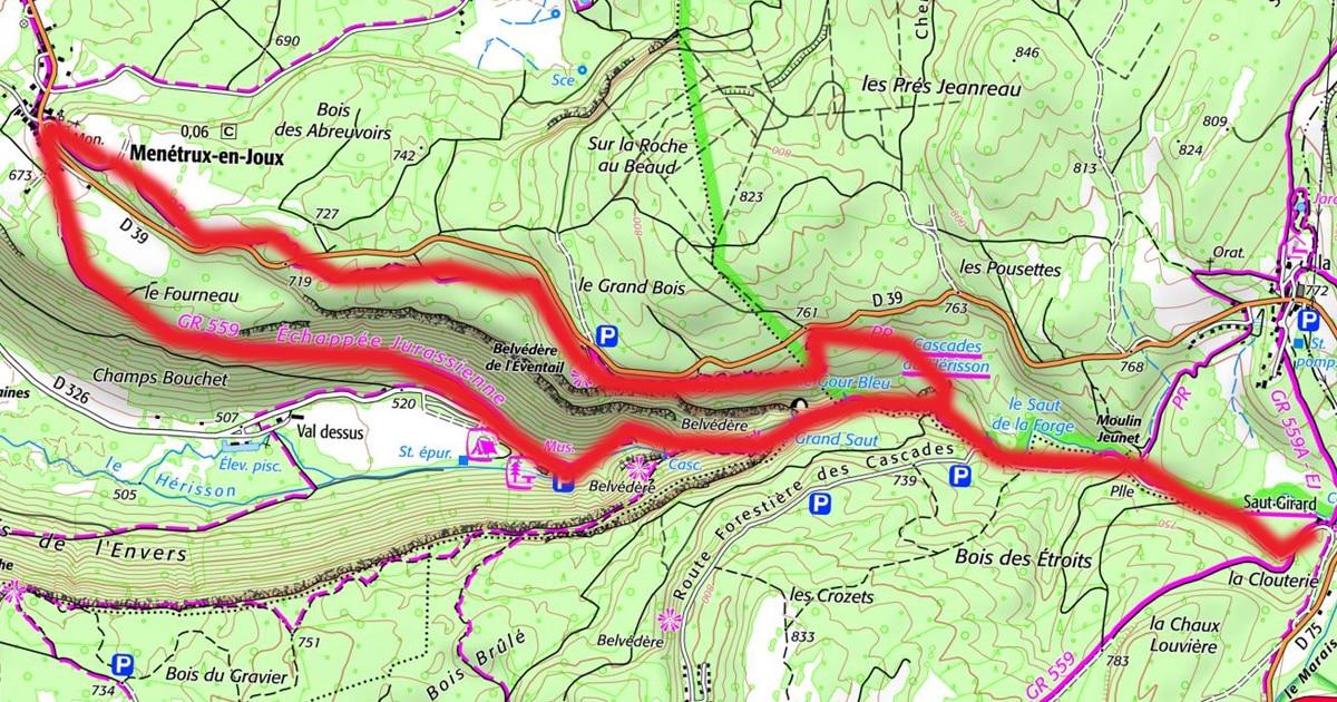 la boucle des randonneurs des cascades du hérisson : carte IGN et GPX